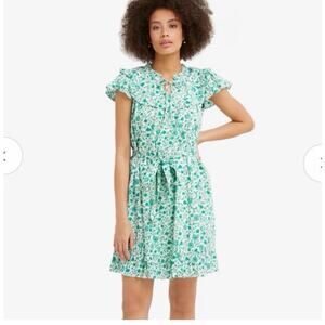 Draper James Tie Waist Flutter Sleeve India Woodblock Green Blue Floral Dress 3X